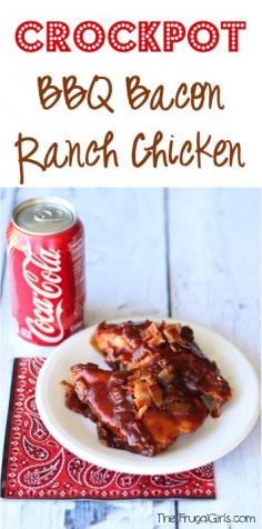 Crockpot BBQ Bacon Ranch Chicken Recipe! ~ from TheFrugalGirls.com ~ this easy Slow Cooker dinner is packed with flavor and definitely a family favorite! #slowcooker #recipes #thefrugalgirls