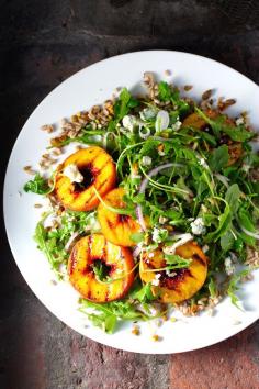 
                    
                        Grilled Peach Salad, Arugula, Farro, Blueberries, Red Onion, Bleu Cheese, Pistachio, Maple Bourbon Rosemary Dressing
                    
                
