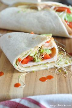 
                    
                        Flour tortillas are coated with an incredible spicy-sweet sauce, then topped with turkey slices, Swiss cheese, bell pepper, avocado, and alfalfa sprouts. Fresh and light!
                    
                
