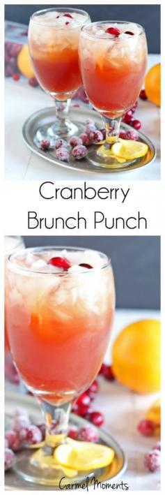 Cranberry Brunch Punch - Only 4 ingredients. So simple. Mix up in minutes! 8 ounces pineapple juice, chilled 8 ounces cranberry juice, chilled 8 ounces orange juice, chilled 8 ounces sparkling water, chilled crushed ice  carmelmoments.com