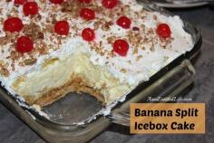 Banana Split Icebox Cake Recipe. 8 going to try to make a Gluten-Free version of this. Prep Time:45 minutes plus overnight for setting Cook time:15 minutes Ingredients for Crust::: • 1 1/2 cups gluten free Graham Cracker Crumbs; • 1/4 cup Sugar; • 1 stick Unsalted Butter, melted. Ingredients for Filling::: • 1 (8oz) package Cream Cheese; • 1 (14oz) can Sweetened Condensed Milk; • 2 small boxes gluten-free instant Banana Pudding Mix; • 3 cups cold Milk; • 1 tsp Banana Extract; • 3 cups cold Heavy Whipping Cream; • 1/4 cup Confectionery Sugar; • 1 (20oz) can Crushed Pineapple, well drained; • 2- 3 Bananas, peeled, sliced and diced; • 1 small jar Maraschino Cherries, well drained; • 2 TBSP Pecans, chopped. Directions::: • Preheat oven to 350°. • In a mixing bowl combine Graham cracker crumbs and 1/4 cup sugar • Add melted butter, mix until combined. • Press Graham cracker mixture into the bottom of an 8 1/2 x 11 pan. • Press to flatten well. • Bake at 350° for 15 minutes, until brown. • Cool completely on a wire rack (you can speed it along in the refrigerator). • Line cooled Graham cracker crust with sliced and diced bananas, set aside. • Beat heavy whipping cream and confectionery sugar together on high speed (you can add a dash of banana extract if you like) until peaks form. • Set aside whipped cream. • In a large mixing bowl, beat cream cheese until fluffy. • Add in sweetened condensed milk, banana pudding mixes, cold milk and banana extract, beat until smooth. • Fold in by hand 1 cup of the prepared whipped cream to the banana pudding mixture, reserving the rest of the whipped cream for the top layer. • Spread filling mixture over bananas in Graham cracker crust. • Top with well drained pineapple. • Top the filling/pineapple with remaining prepared whipped cream, spreading to cover entire mixture in the pan. • Top with maraschino cherries and diced pecans. • Note: you can add drizzled chocolate syrup if you like. • Refrigerate overnight to allow to fully set. Makes 1 Banana Split Ice Box Cake, servings for 12