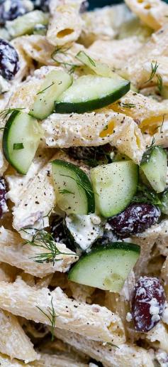 Tzatziki Pasta Salad with a creamy and tangy Greek yogurt dressing.  Great recipe
