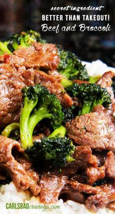 Secret Ingredient, Better Than Takeout! Beef and Broccoli | Beef Marinade 1 p flank steak - 1 tbs hoisin sauce - 3 tbs soy sauce - 1 tsp Sriracha - 2 tsp cornstarch - ½ tsp garlic pwd - ½ tsp ginger pwd -  Sauce: 1 tbs rice wine vinegar or mirin - 2 tbs chicken broth - 5 tbs oyster sauce - 3 tbs brown sugar - 1 tsp sesame oil - 2 tsp cornstarch - ½ tsp salt - ½ tsp pepper -  6 garlic - 1 tbs ginger - ¼ tsp red pepper flakes - 1 tsp peanut oil -  3 ½ - 4 c broccoli - ¼ c water - 3 scallions -