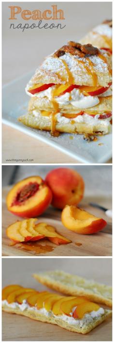 Peach Napoleons recipe is made with puff pastry and is topped with maple whipped cream, salted caramel and candied pecans.