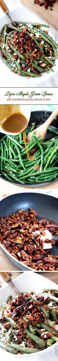 Dijon Maple Green Beans with Caramelized Pecans, Bacon and Feta | these aren't your grandmother's green beans! Tangy, salty, sweet, crunchy, crispy, creamy AKA, “the best green beans ever.” Another side dish to the main course