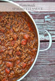 Homemade Spaghetti Sauce ~ "this recipe makes a big batch of sauce that’s enough for two meals (love that!).  It’s also great because you can use it over spaghetti or in lasagna recipes."