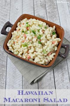 For any plate lunch or luau, Hawaiian Macaroni Salad is a must.  Fresh veggies, perfectly cooked pasta and a sweet & tangy dressing make the perfect mac salad | Aloha Flavor