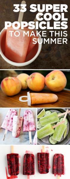 33 Super Cool Popsicles to make including... Ginger Peach Popsicles, Orange Creamsicles, “Firecracker” Berry Yogurt Pops, Dulce De Leche Lemon Popsicles,  Blood Orange and Coconut Creamsicles, Sour Cherry and Vanilla Yogurt Pops, Summer Berry and Mint Ice Pops, Chocolate Fudge Popsicles, Strawberry Cheesecake Popsicles, Carrot Cake and Almond Butter Popsicles just to name a few.