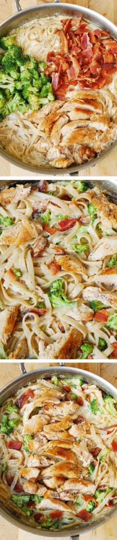 Creamy Broccoli, Chicken Breast, and Bacon Pasta: olive oil + chicken breast + salt + pepper + garlic + heavy cream + milk + shredded cheese (Parmesan or Mozzarella) + fettuccine + broccoli florets + bacon