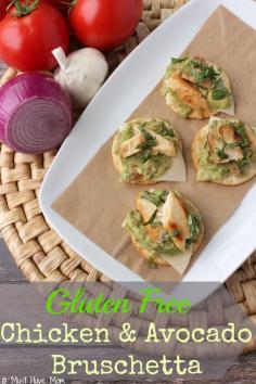 Gluten Free Chicken & Avocado Bruschetta Recipe. Great for a gluten free appetizer or gluten free snack idea. I make this when entertaining.