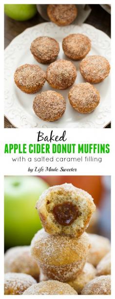 Apple Cider Donut Muffins with a Salted Caramel Filling are so easy to whip up and make the perfect fall treats. They're loaded with apple cider, cinnamon sugar and salted caramel in a poppable bite.: Apple Cider Donut Muffins with a Salted Caramel Filling are so easy to whip up and make the perfect fall treats. They're loaded with apple cider, cinnamon sugar and salted caramel in a poppable bite.