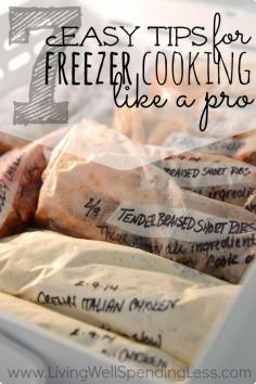 There is nothing quite as reassuring to a busy mom as knowing you have a freezer full of delicious meals ready to get you through a hectic week. If you've been wanting to try freezer cooking but don't even know where to begin, you will not want to miss these 7 awesome tips for freezer cooking like a pro. #4 changed my life! INSIDE THIS PIN IS A BLOG ... CLICK ON EASY RECIPES TAB AND THEN CLICK ON THE 10 RECIPES CATEGORY....for complete instructions for creatijg 10 freezer meals from 5 recipes