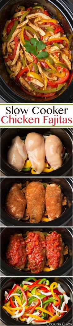 Slow Cooker Chicken Fajitas - these are easiest chicken fajitas yet they taste AMAZING!! My new go to recipe for fajitas. #slowcooker #crockpot #recipe #easy #recipes