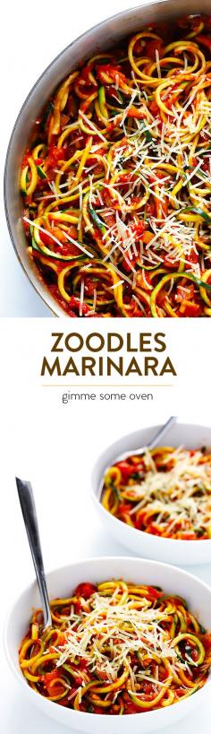 
                    
                        Zoodles Marinara -- Delicious zucchini noodles are tossed with a delicious chunky tomato sauce in this easy dish! Feel free to add in some protein or extra veggies if you'd like. | gimmesomeoven.com
                    
                