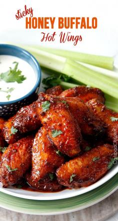 Sticky Buffalo Honey Hot Wings (luv that multiple options are included for hot, mild, and traditional buffalo wings)
