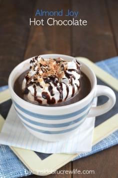 Almond Joy Hot Chocolate - almond milk, chocolate, and coconut come together to make an easy homemade drink without the extra calories. 2 Tablespoons dark cocoa powder 2 Tablespoons cream of coconut 1 cup Silk Almond Milk, divided Cool Whip, optional chocolate syrup, optional toasted coconut, optional Read more at http://insidebrucrewlife.com/2014/10/almond-joy-hot-chocolate/#2WLdmsAihYG4pHWo.99