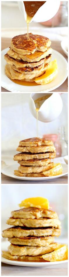 Orange ricotta hotcakes with orange honey syrup - Fluffy, soft ricotta pancakes flavoured with orange and served with a decadent honey, orange syrup