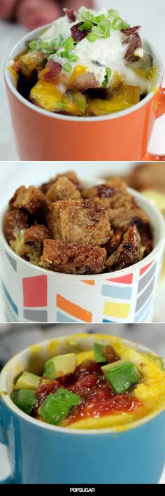 "Mornings always seem to be hectic, whether you are trying to make it to work or school on time — but that doesn't mean you have to skip out on the most important meal of the day. These microwaveable mug breakfasts make it easy to dine on the go. They only take a matter of minutes to assemble (and zap!) yet look shockingly gourmet."