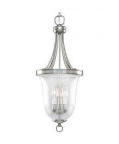 The Progress Lighting P3753 is the perfect pendant for many areas in your home. Often used in foyers, halls, or over kitchen islands, the P3753 is a beautiful transitional statement piece. For the larger model, please see the P3754. Customer Review: 5 Stars "Progress Lighting knew enough to create fixture designs that would bridge the gap between old world and new. This fixture does it. Very reasonably priced, but great quality. The rope detail is elegant. It's just the right size and presence for my entry. Lovely seeded glass makes it look expensive." Features: Clear seedy glass shade Uses (3) 60 watt candelabra bulbs (Not Included) Includes 6 feet of 9 gauge chain and 15 feet of wire for easy installation 4 3/4" round canopy covers outlet box UL and CUL listed Specifications: Height: 24 1/2" Width: 9 3/4" Maximum Height: 98" Bulb Base: Candelabra (E12) Bulb Type: Incandescent Number of Bulbs: 3 Max Watts per Bulb: 60 Bulbs Included: No