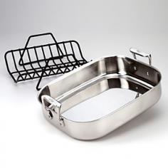 Originally designed to meet the demands of professional chefs, All-Clad continues to be the undisputed choice in four-star kitchens throughout the world. The cookware has exquisite lines, impeccable balance, and meticulous hand-finishing. The cookware features an easy-to-clean, highly polished stainless steel cooking surface and a stainless steel exterior. The roasting pan is made for roasting poultry and other large cuts of meat; it can also be used to deglaze drippings for gravies and sauces on the stovetop. The pan's low sides and open design provide roasts with maximum exposure to the oven's hot air for even browning. The roasting pan has two sturdy upright handles attached with non-corrosive, stainless steel rivets. Includes a non-stick roasting rack.