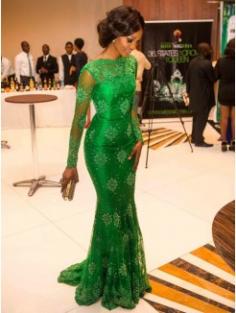 Zeemeermin Col Lange Mouw Hiel-Lengte Satijn Jurk met Appliqué