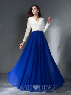 A-Line V-neck Long Sleeves Floor-Length Chiffon Dress