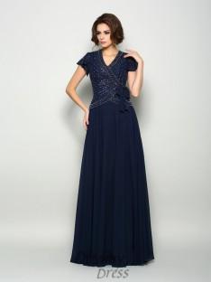 Short Sleeves V-neck Chiffon Floor-Length Mother of the Bride Dress