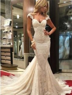 Trumpet Sleeveless Sweep/Brush Train V-neck Lace Bridal Dress