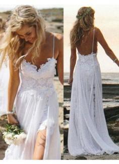 Sexy Spaghetti Straps A-line Chiffon Wedding Dress With Lace