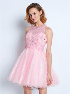 Trapèze/Princessee Sans Manches Bijou Courte/Mini Net Froncée Robe de Cocktail