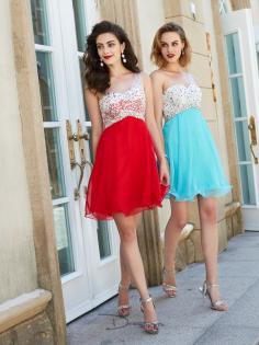 Trapèze/Princessee Mousseline Col asymétrique Perles Sans Manches Courte/Mini Robe de Cocktail