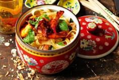 Caramel prawns with herbed rice noodles