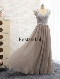 V-hals Lange Zilver Chiffon Bruidsmeisjes Jurken