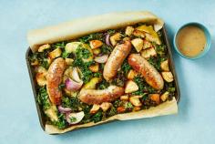 Cumberland Pork Sausage Tray Bake with Apple and Garlic Croutons